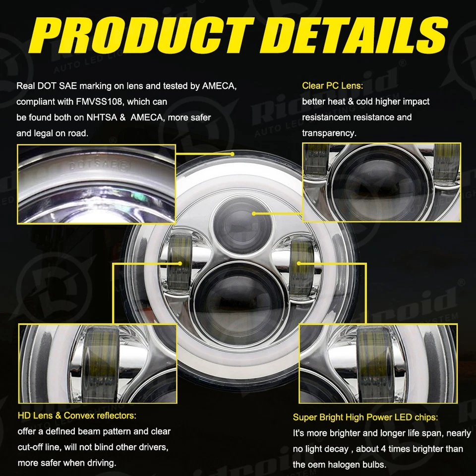 For Land Rover Defender 90 110 Pair 7" inch Round LED Headlights DRL Hi/Lo Beam Foto 3 de 4