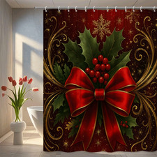 Festive Christmas Shower Curtain with Holly and Red Bow Design