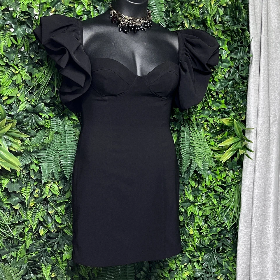 ZARA Dress Large Black Puff Sleeve Women Ruffled Cocktail Statement Mini  2468 - Image 3 of 4