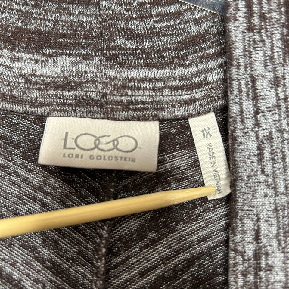 LOGO Lori Goldstein Suéter Mujer 1X Marrón Gris Rayas Cardi Drape Artístico Topper Foto 2 de 4