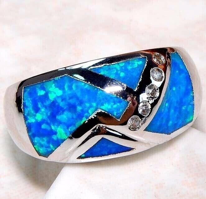Australian Opal Inlay & Topaz 925 Solid Sterling Silver Ring Sz 8 TD2