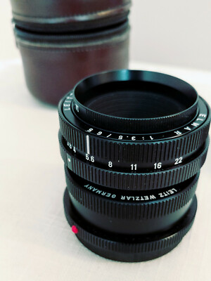 LEICA LEITZ  ELMAR 65ｍｍ F3.5 Leica Leitz Lens; Elmar 65mm f3.5; Black; Includes brown leather