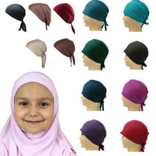 Girls Tie Back Bonnet Cap Plain Under Scarf Stretchy Hijab Chemo Hat Many Colors
