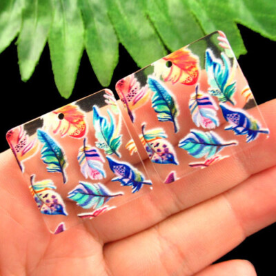 10Pcs Acrylic Multicolor Feather Square Pendant Bead 30x30x2mm FSM52706