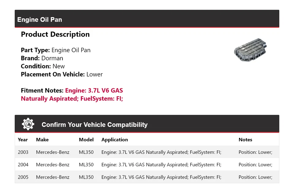 Масляный поддон двигателя для Mercedes-Benz ML350 Dorman 2003-2005 годов выпуска 2004 - Изображение 2 из 4