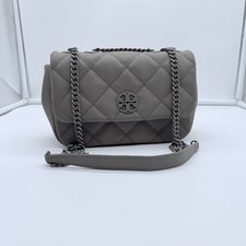 Tory Burch Fleming Quilted Leather Chain Shoulder Crossbody Bag Gray Taupe