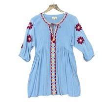 Umgee Dress Womens Small Blue Mini Embroidered Tunic Top Bohemian Floral Accents