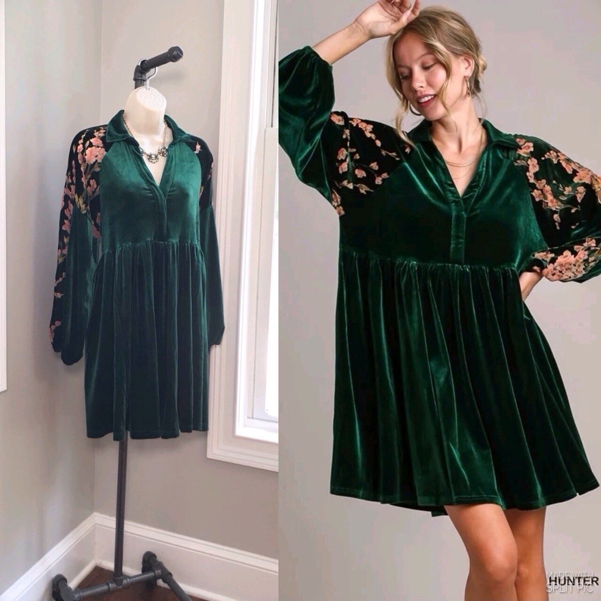 Umgee Hunter Green Velvet Floral Balloon Sleeve Babydoll Dress Boho Small  NWT | eBay