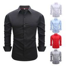 New Mens None Iron Shirts Elastic Long Sleeves Slim Fit Casual Dress Shirts Tops