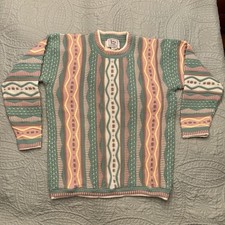 Vintage 90s Cable Knit Women Size M Pink Blue Yellow White Spring Sweater Retro