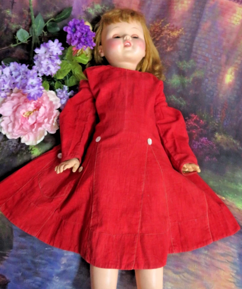 Original Antique Edwardian Child Dress Red linen Pearl buttons Large doll dress - Image 2 of 4