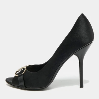 Escarpins à bout ouvert Gucci Hollywood taille 39,5 satin noir Horsebit - Photo 1/4