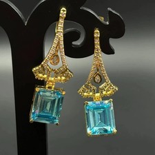 Lab-Created Aquamarine 3.5Ct Emerald Cut Dangle Earrings 14K Yellow Gold Plated
