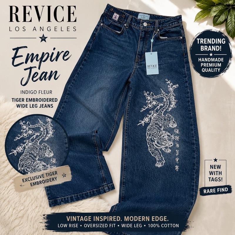 NWT REVICE Empire Jean Indigo Fleur Tiger Embroidered Wide Leg Jeans 24 Handmade