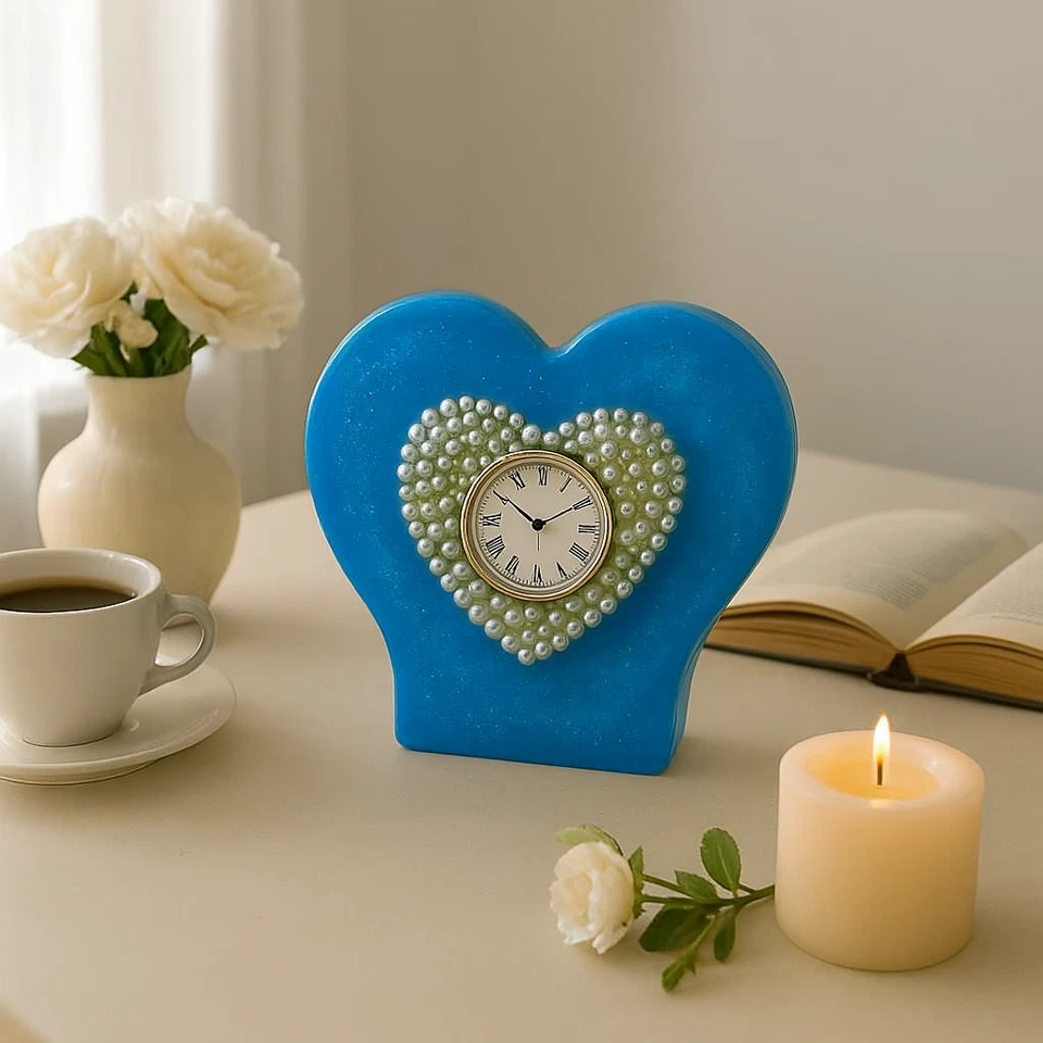 Handmade Heart-Shaped Desk Clock | Concrete & Epoxy Resin Art | Pearl Decor - Image 3 of 4