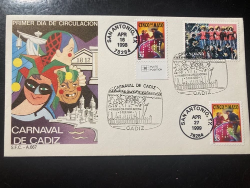 NAKANO UNIQUE FDC 1998 1999 Cinco de Mayo Scott #3203 #3309 Spain Combo Perfin