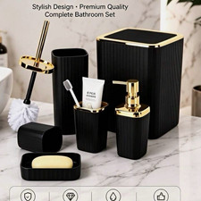 6pc Black/Gold Plastic Modern Ribbed Glossy Bathroom Set Soap/Brush/Trash