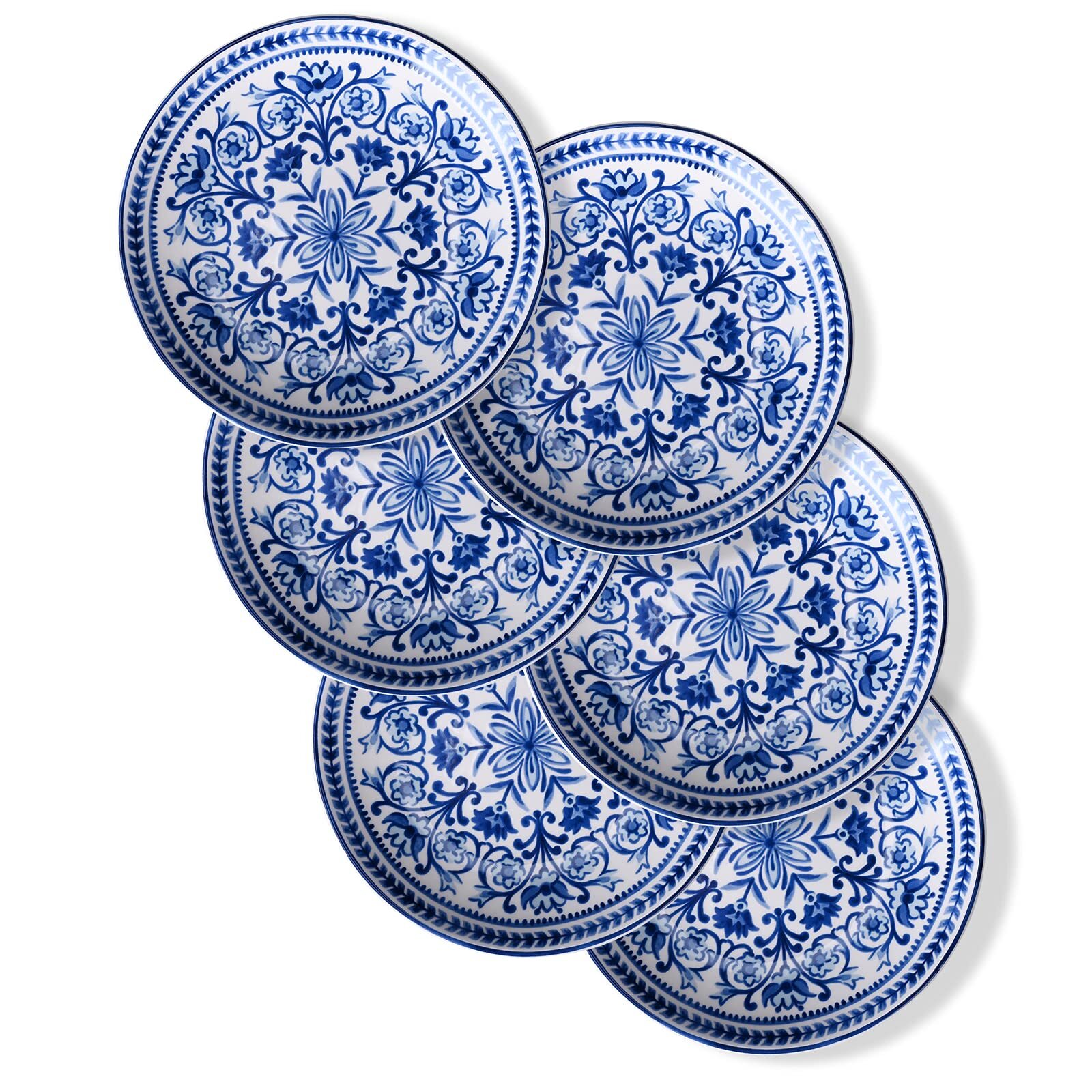 Blue Floral Dessert Plates, Set of 6, 6 Inch Small Appetizer Plates