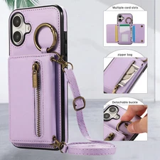 Crossbody Zipper Wallet Case with Ring For iPhone 16e 16 Pro Max 15 14 13 12 11