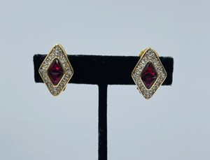 Authentic Nina Ricci Vintage Gold Plated Red Glass Rhinestone Clip Earrings