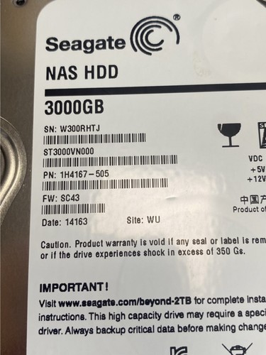 SEAGATE NAS HDD - ST3000VN000 3TB 3.5" SATA Hard Drive - 1H4167-505 F/W: SC43 - Picture 2 of 4