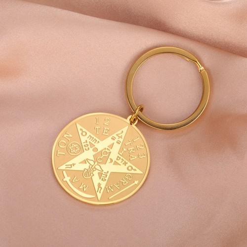 Men Tetragrammaton Pentagram Pendant Key Chain Stainless Steel Wiccan Key Ring - Picture 3 of 9