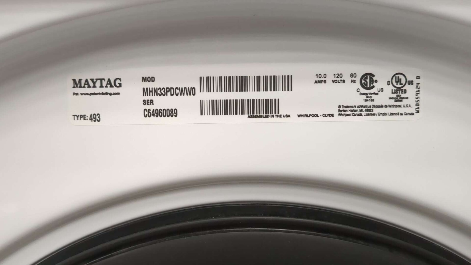 Maytag Commercial Front Load Washer MHN33PDCWW0 S/N C64960089