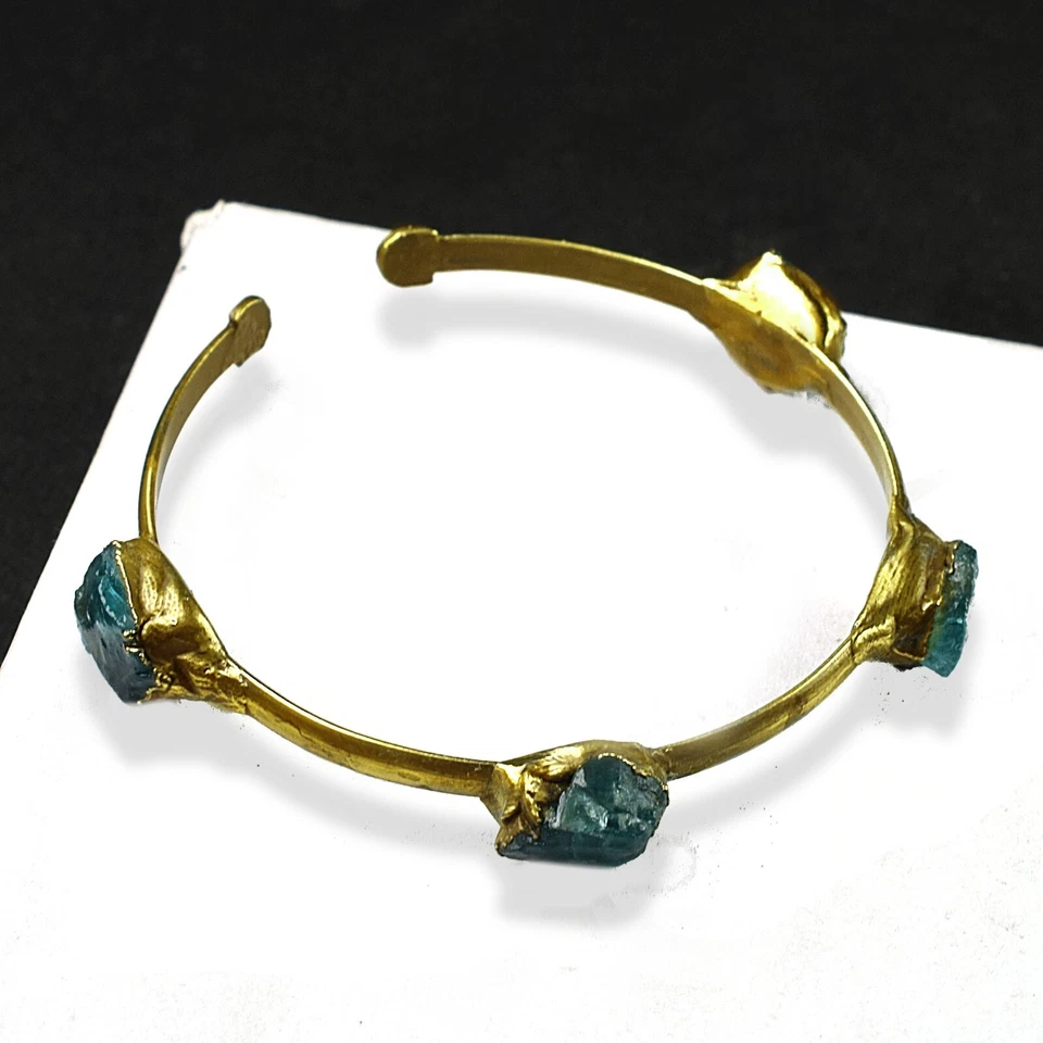 Модная бижутерия браслет-манжета ручной работы позолоченный натуральный необработанный драгоценный камень апатит - Изображение 3 из 4