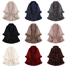 Double Layer Faux Fur Trim Womens Knitted Poncho Shawl Winter Warm Party Cape