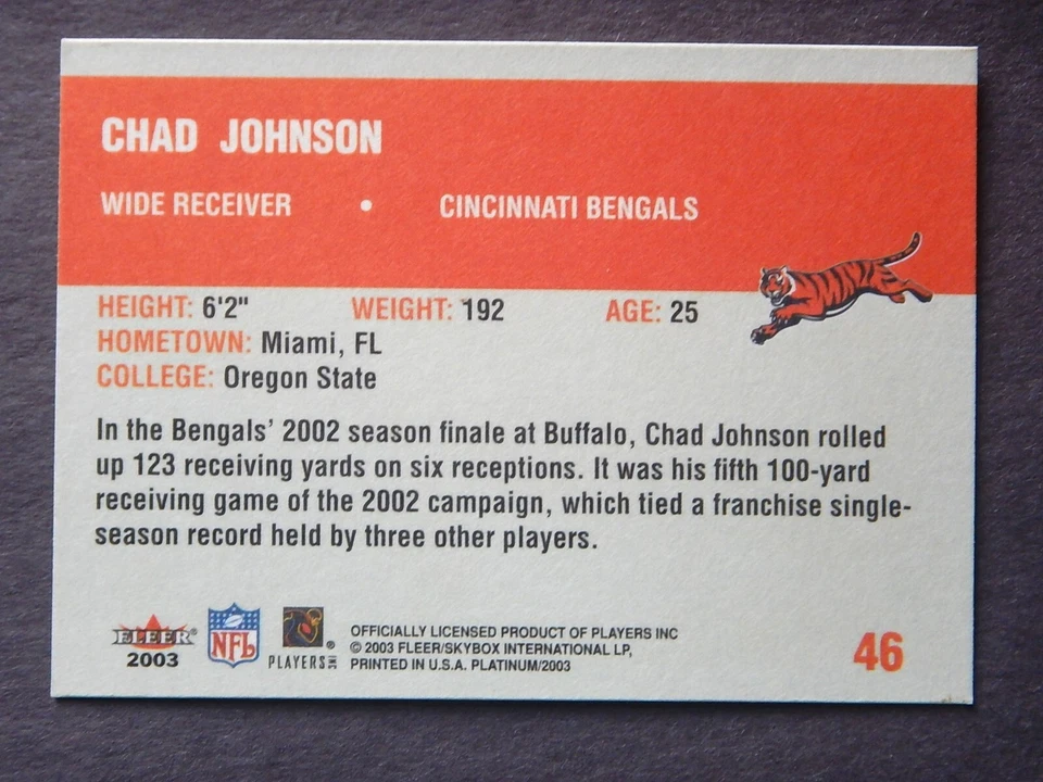 Chad Johnson #46 Fleer 2003 Football Card (Cincinnati Bengals) LN - Image 2 of 2