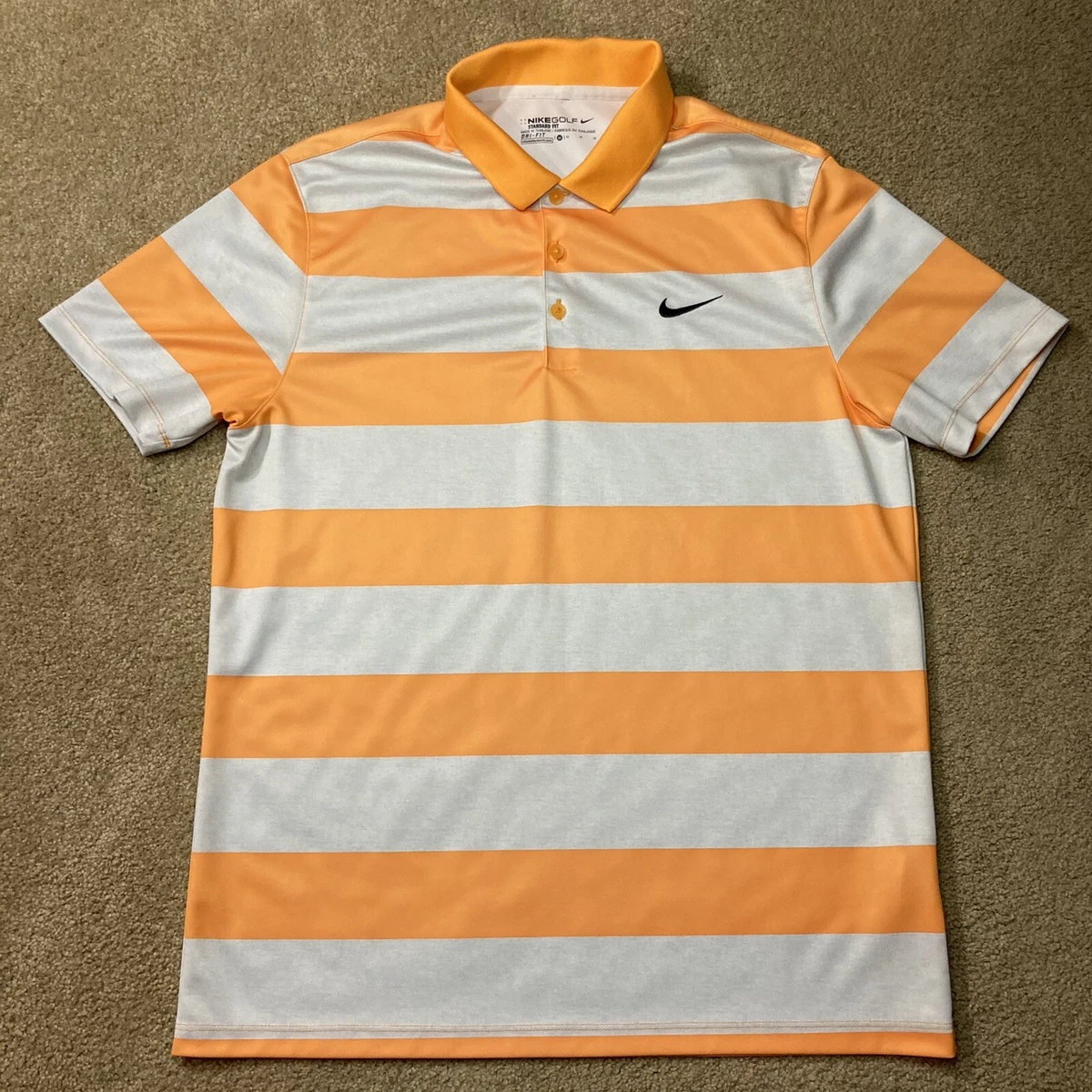 Nike Golf Standard Fit Dri Fit Medium Orange and White Striped Golf Polo Shirt