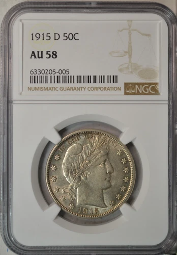 1915 D Barber half dollar, NGC AU58