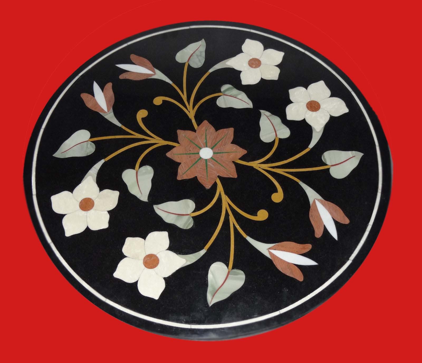 23-Inch Black Marble Coffee Table with Handcrafted Pietra Dura Inlay Design for Elegant Home Decor