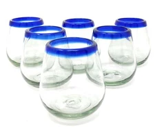 Hand Blown Mexican Stemless Wine Glasses - Set of 6 Glasses w/ Blue Rims (15oz)