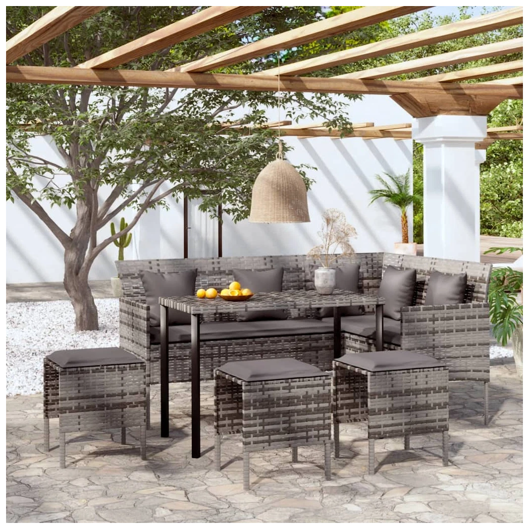 5 Piece L shaped Couch Sofa Set with Cushions Poly Rattan Grey