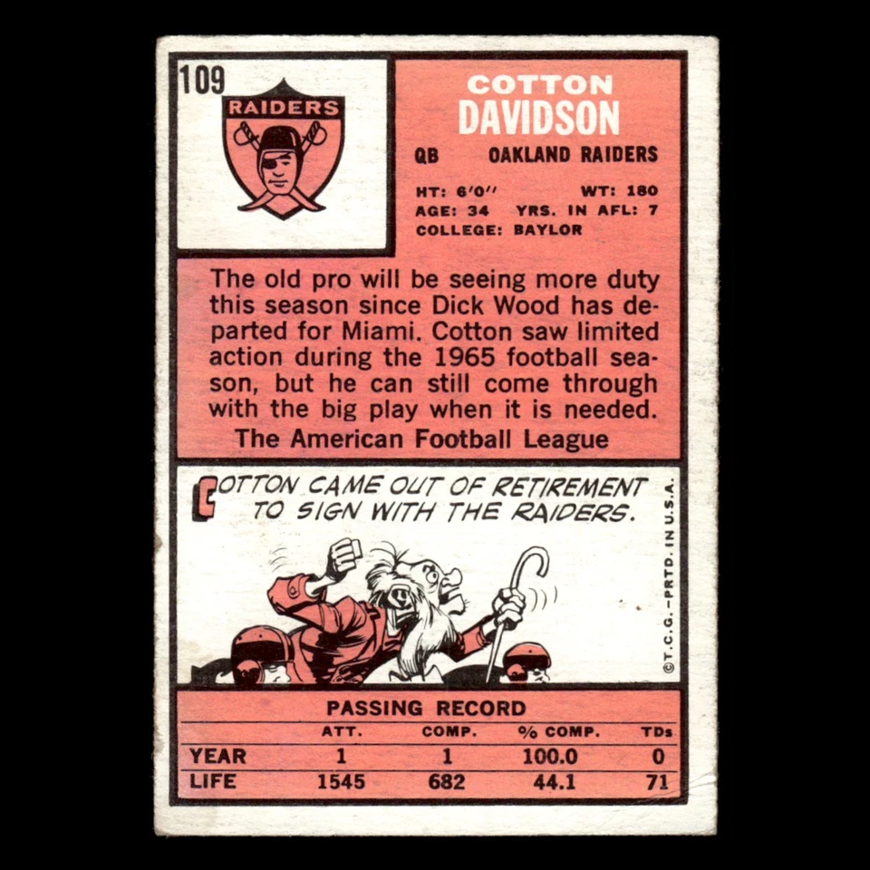 Cotton Davidson #109 1966 Topps Oakland Raiders Football Card NFL EX - Image 2 of 3