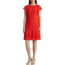 LAUREN RALPH LAUREN $125 Georgette Boat Neck Dress Bright Hibiscus Size 8