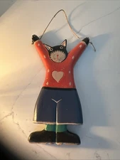 Vintage Whimsical Cat Wall Hanging Hand Carved and Painted Reclaimed Wood