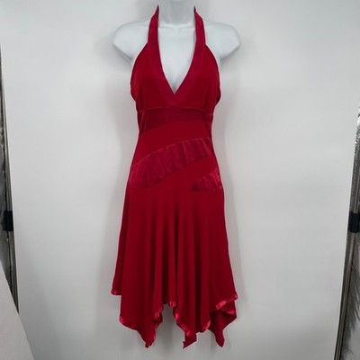 Vintage Taboo Y2K Red Halter Handkerchief Hem Dress Satin Trim V-Neck Medium