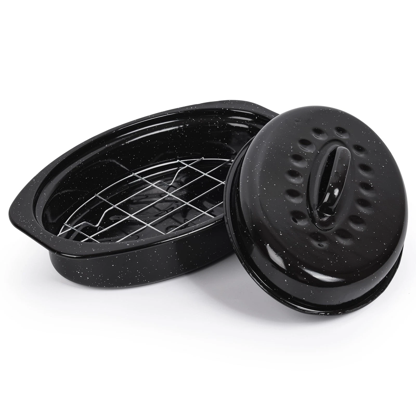 13” Roaster Pan with Lid and Rack, Small Enamel Roaster Pan with Oval Roastin...