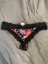 NWT Victoria's Secret PINK Black Cotton Floral Lace Extra Low Rise Thong 2012