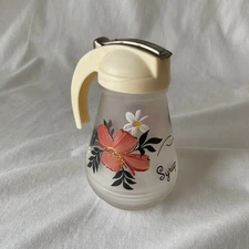 Vintage Hazel Atlas Glass Co. 6” Floral Frosted Glass Syrup Pitcher 1950s