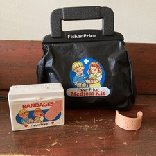Vintage 1987 FISHER PRICE MEDICAL KIT Black Bag Doctor Nurse Bandages box