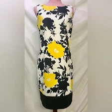 Vintage Retro Dress Yellow Black White Floral Midi Sleeveless Sheath Mod Sz 10