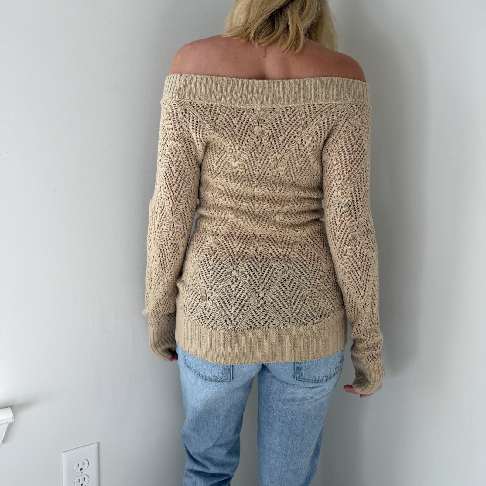 Sweater Project Women’s Tan Off Shoulder Knit Sweater Size M Chevron Pattern-image