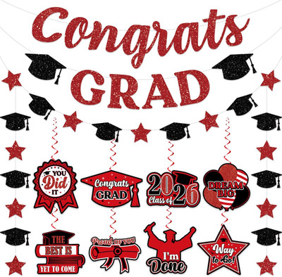 Black and Red Graduation Party Decorations 2026 Congrats Grad Banner, NO-DIY Gra