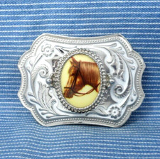 Western Horse Belt Buckle Cowgirl Cowboy Classic Scroll Art Mount Vtg 80s.GTA309
