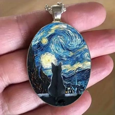 Cat Van Gogh Oval Necklace Jewelry Vintage Silvery Gothic Nature Cat Pendant