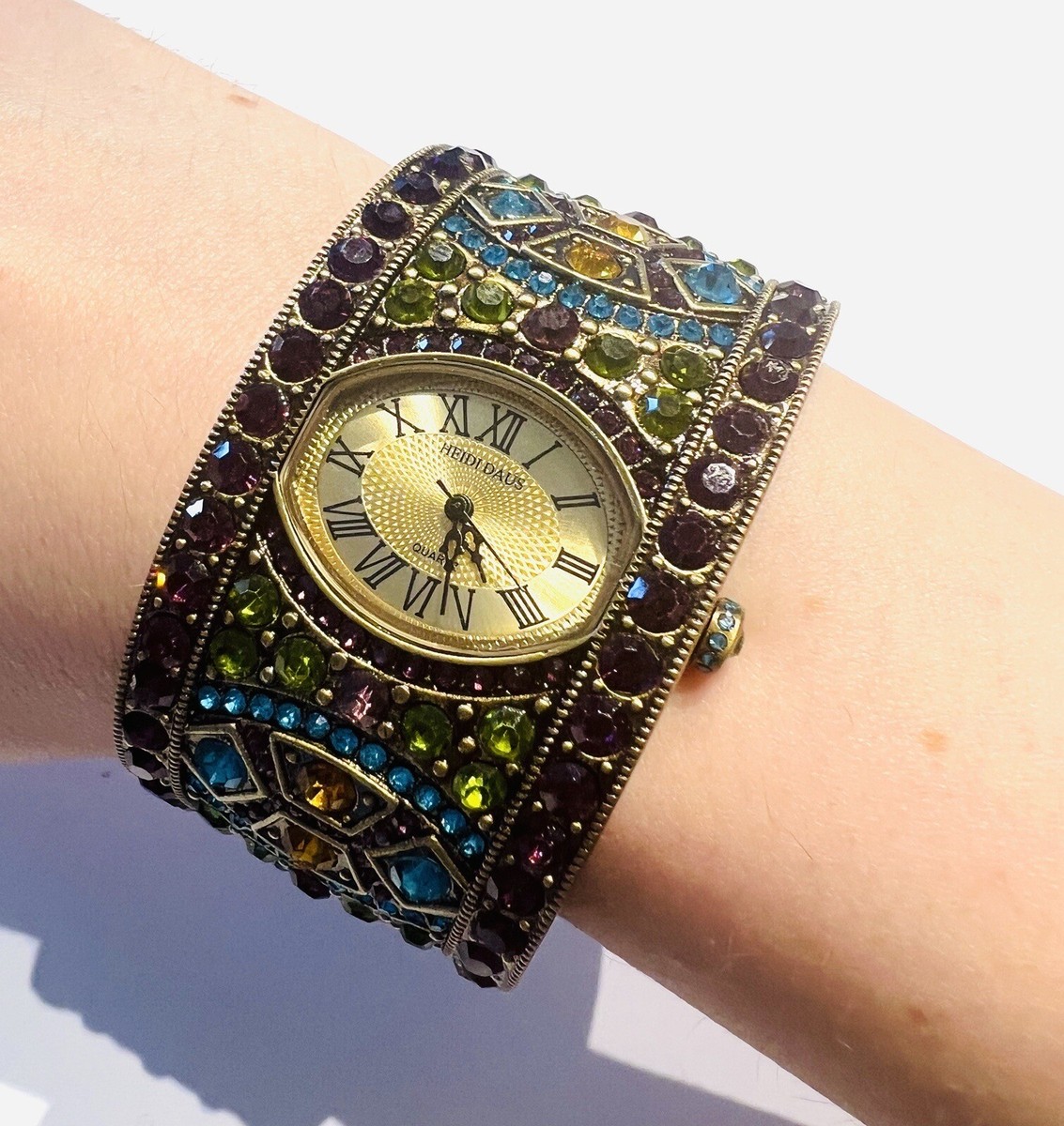 Heidi Daus Gold-Tone Bracelet Watch with Green, Purple & Amber Stones Vintage Heidi Daus Watch Bracelet In Hot Pin Floral Design  main image 2