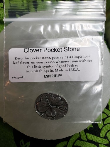 Lead-Free Pewter Clover Pocket Stone: Good Luck Amulet - Picture 4 of 4